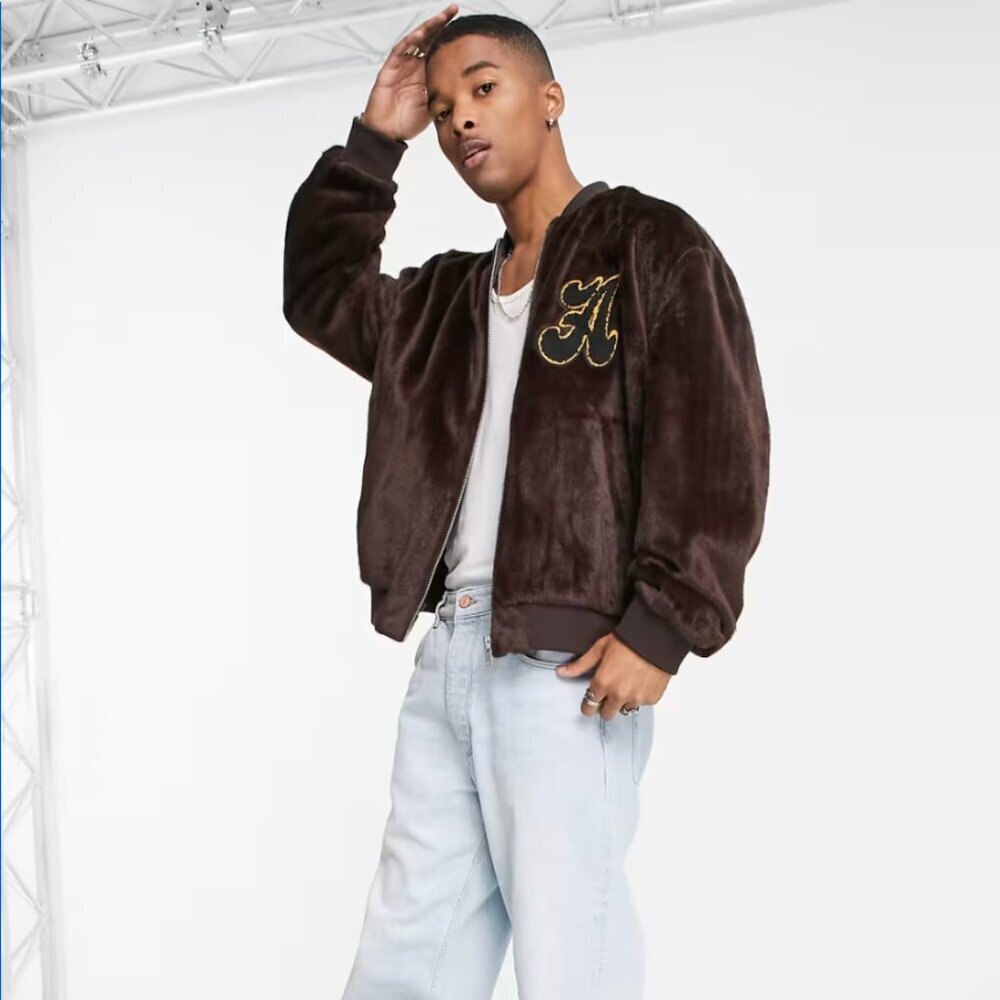 ASOS Design Faux Fur Varsity Bomber Jacket Embroidery Patch Brown Size M